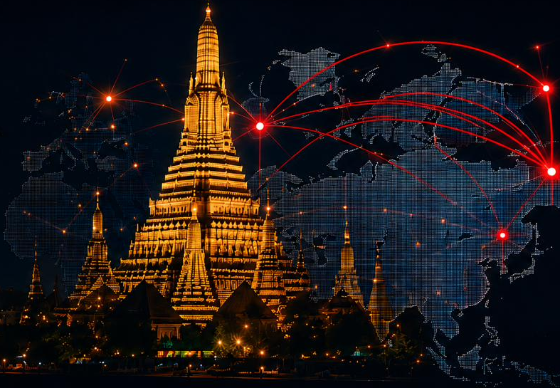 Thai temple with a global trade network map