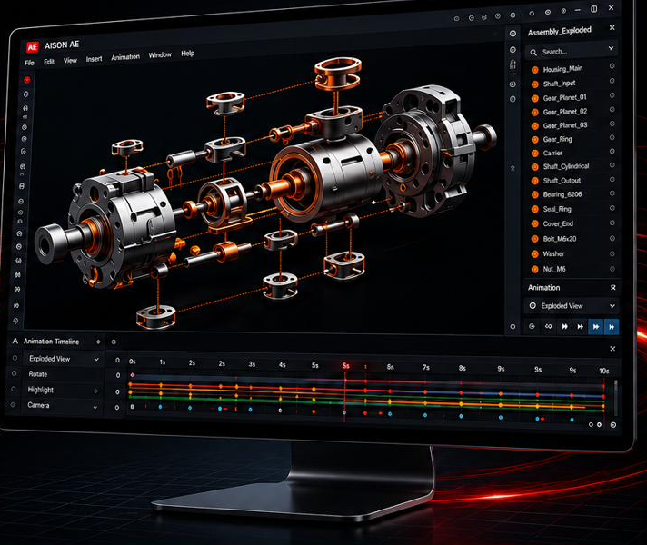 Aison animation software with exploded mechanical assembly