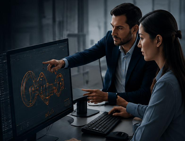 Engineers reviewing a CAD model together